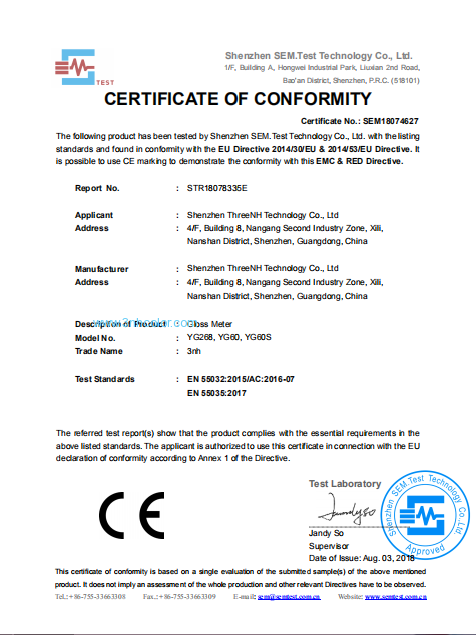 Miernik połysku serii YG Certyfikat CE