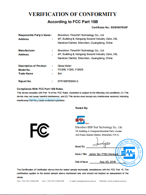 Miernik połysku serii YG Certyfikat FCC